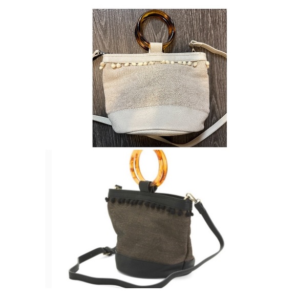 Shiraleah Handbags - Shiraleah Tortoise Handle Pom Pom Mini Bucket Tote Linen/Cream